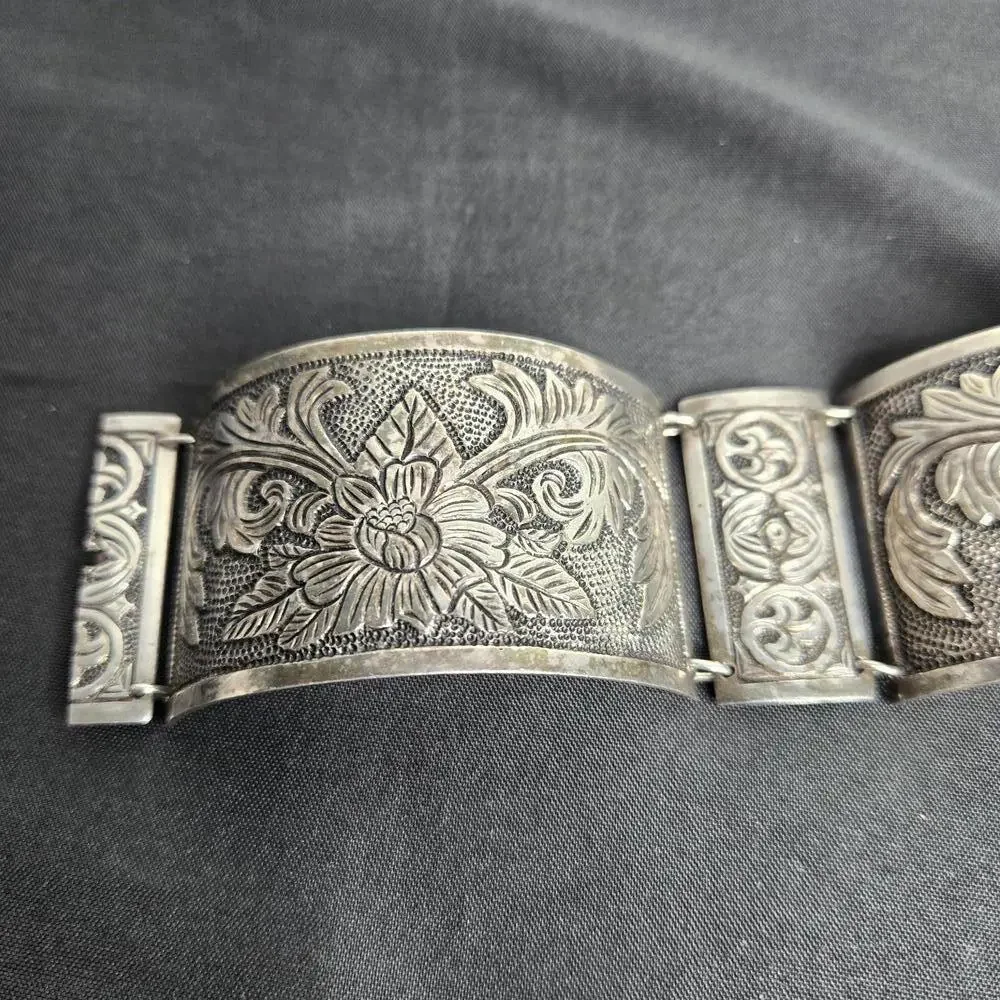 Vintage Peru 925 Sterling Silver Wide Floral Panel Bracelet Cuff 61g Artisan - Picture 5 of 9